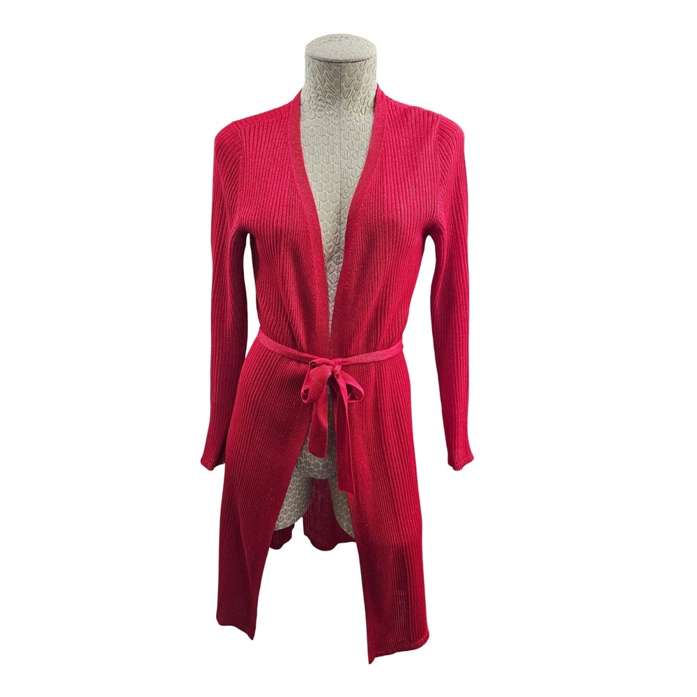White House Black Market Cardigan Women S Red Ribbed Metallic Belted Duster top